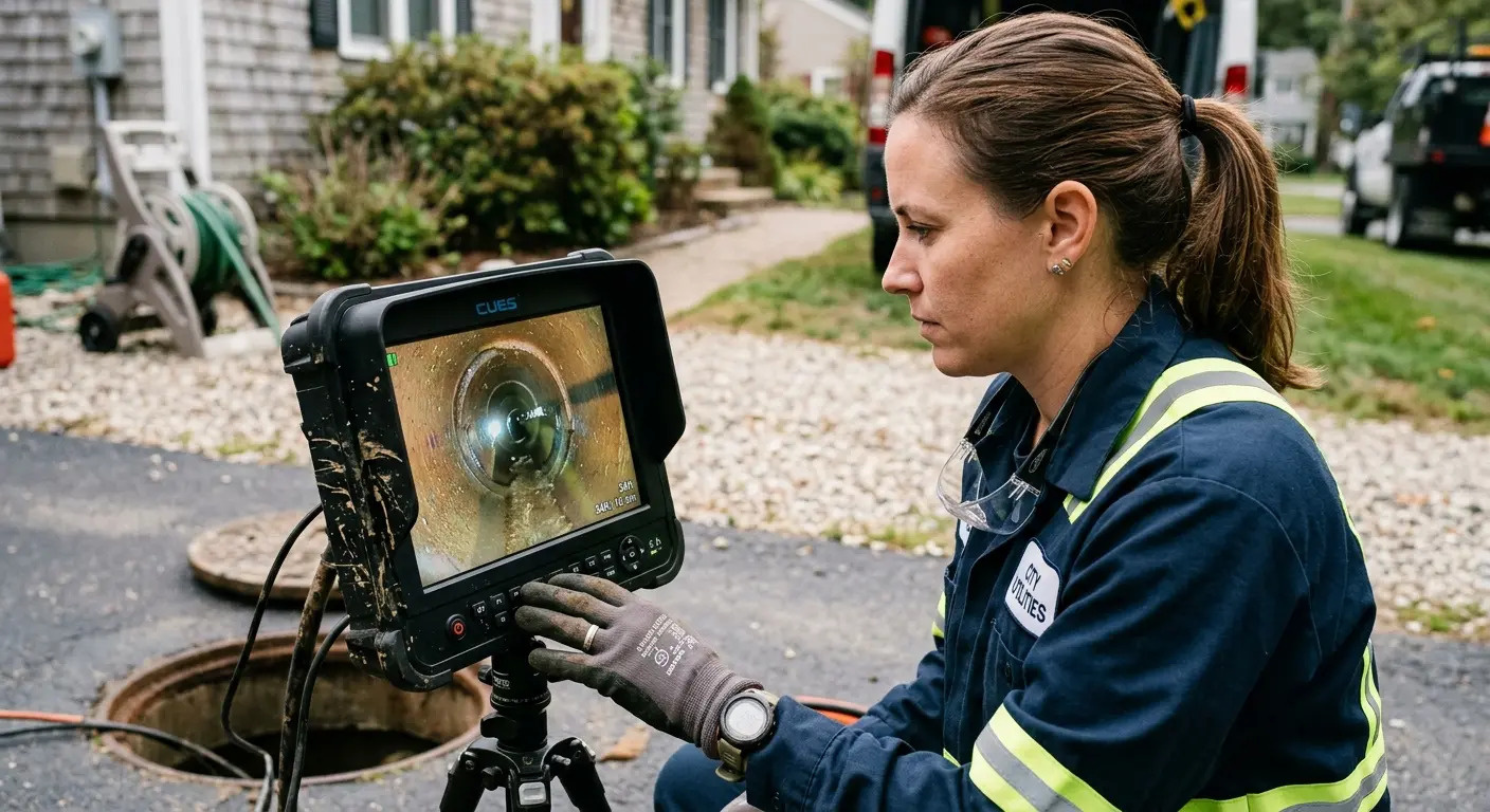 Technician reviewing sewer camera inspection footage in Weiser