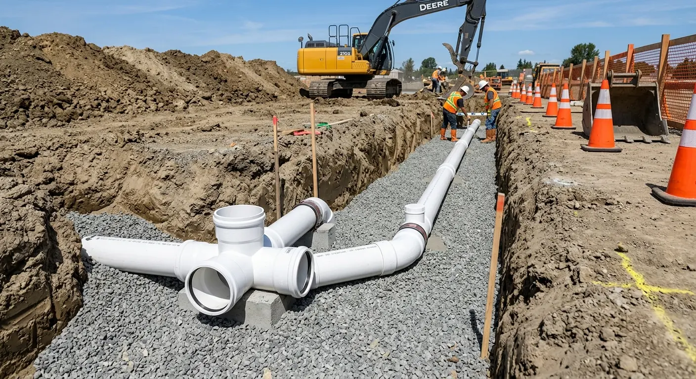 New PVC sewer pipe installation in open trench for Sewer Backup in Weiser