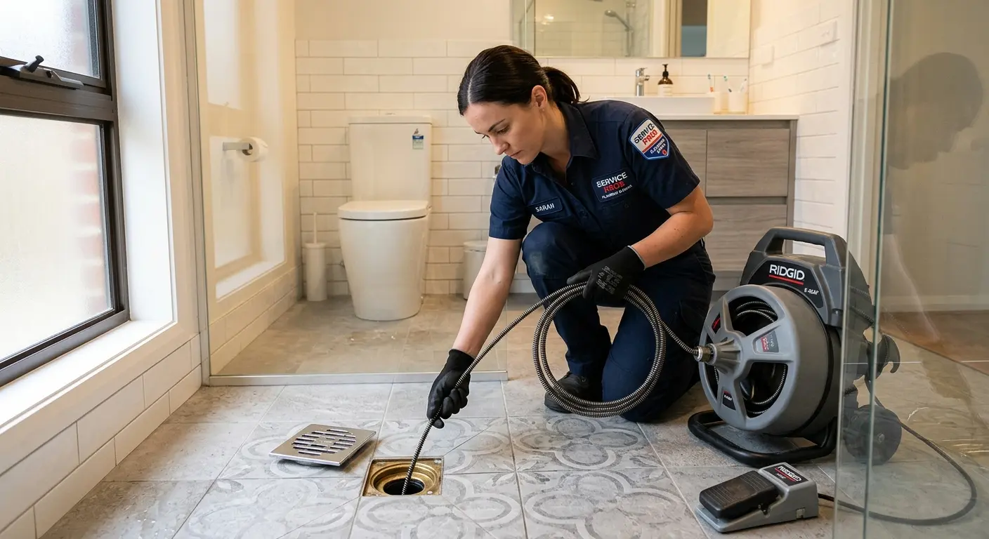 Technician clearing a bathroom floor drain for Sewer Line Replacement in Weiser